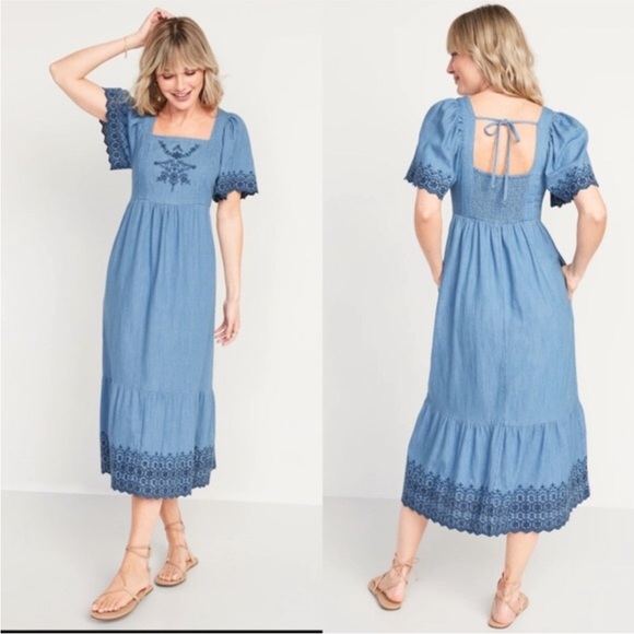 Old Navy Dresses & Skirts - Old Navy Midi Dress L Flutter Sleeve Eyelet Chambray Peasant Cottagecore Flowy